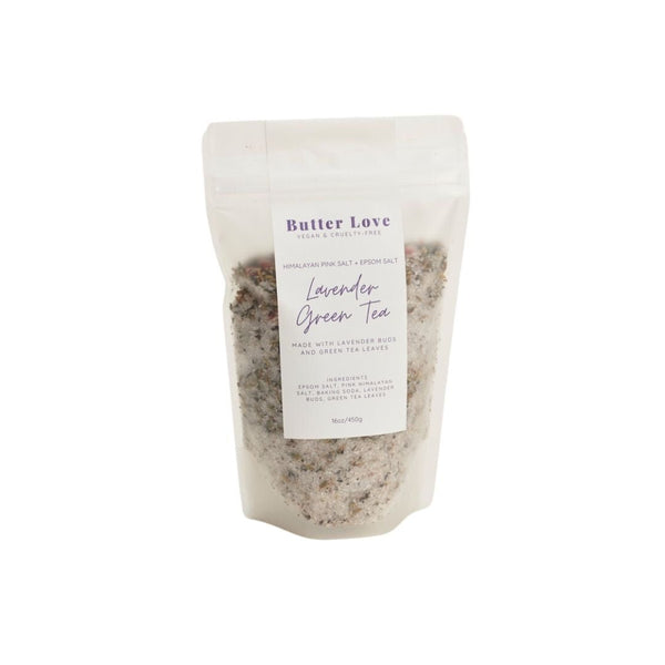 Butter Love Lavender Green Tea bath soak made with himalayan pink salt and epsom salt.