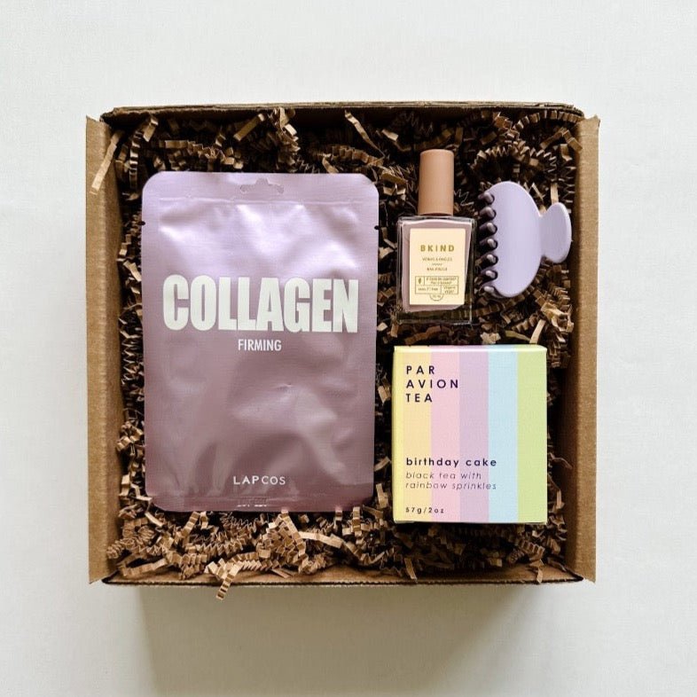 Lapcos Collagen face mask, Par Avion birthday tea, Bkind nail polish and lavender hair claw make a perfect birthday gift for someone special.