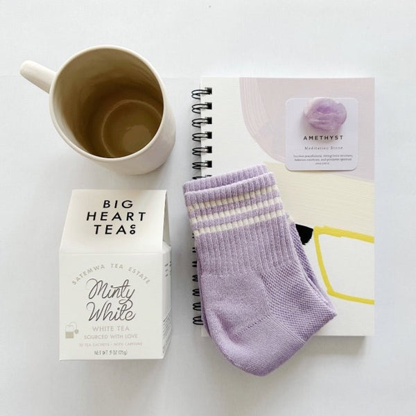 Big Heart Tea, Le Bon Shoppe socks, Moglea notebook and Amethyst meditation stone. Great get well gift.