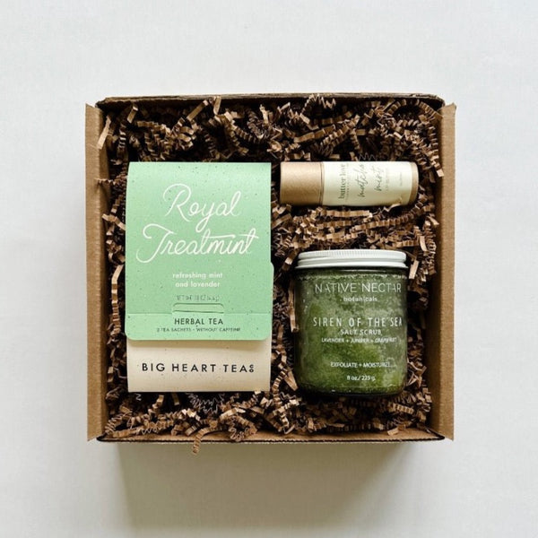 Get them glowing in green with this Royal Treatment tea, Matcha Mint lip balm and siren of the sea body salt set.