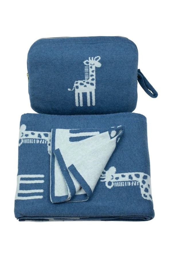 Pink Lemonade giraffe travel blanet set in blues.