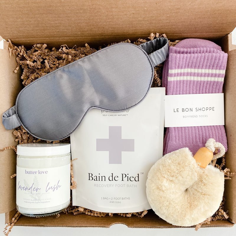 Spoil yourself with the gift of self care with this lavender lush body butter from Butter Love. Add varsity socks from Le Bon Shoppe and the Detox Dry brush for a pick me up gift.