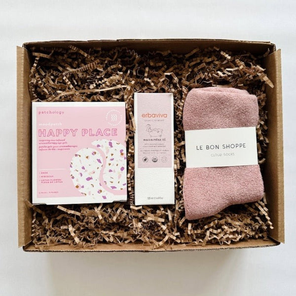 Mama relax oil from Erbaviva paired with Le Bon Shoppe socks and happy place eye gels. Any new mom would love this gift.