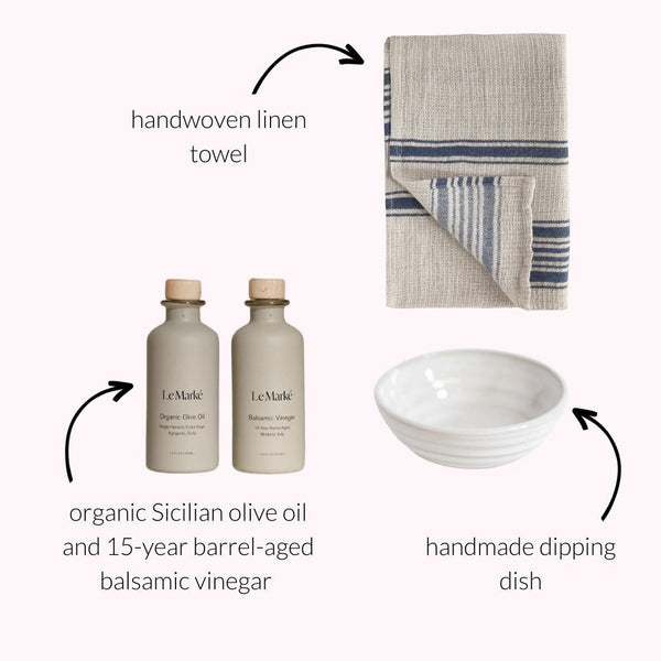 Featuring Gravesco small dipping dish, Le Marke olive oil and vinegar and beautiful linen dish cloth.